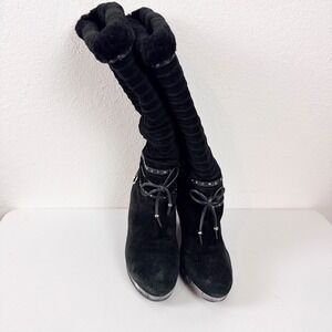 Cole Haan Black Suede Wedge Boots Fur Trim Studded Bow Detail Women Size 9B